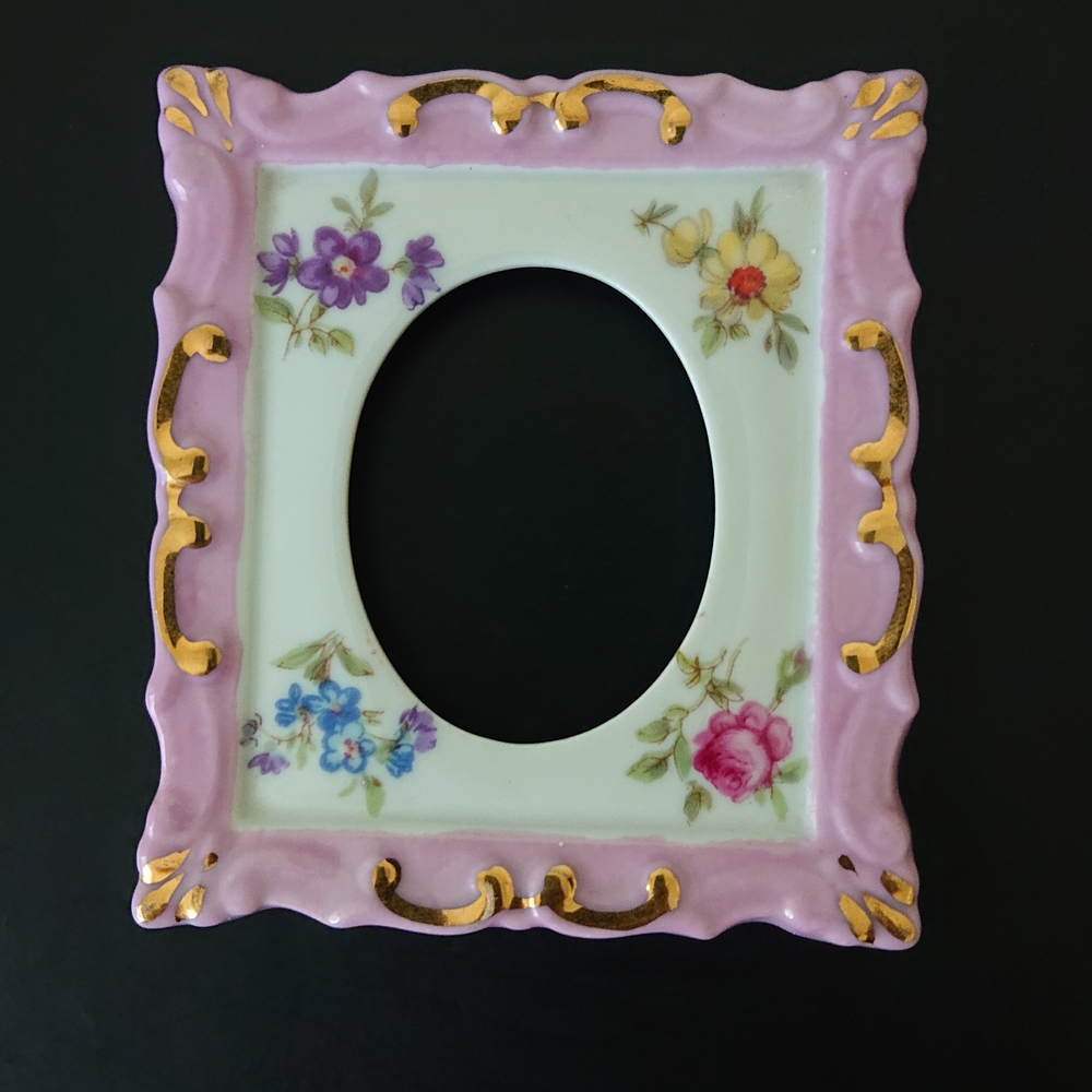Vintage Limoges Pink Porcelain Mini Frame with Gold Accents and Floral Design